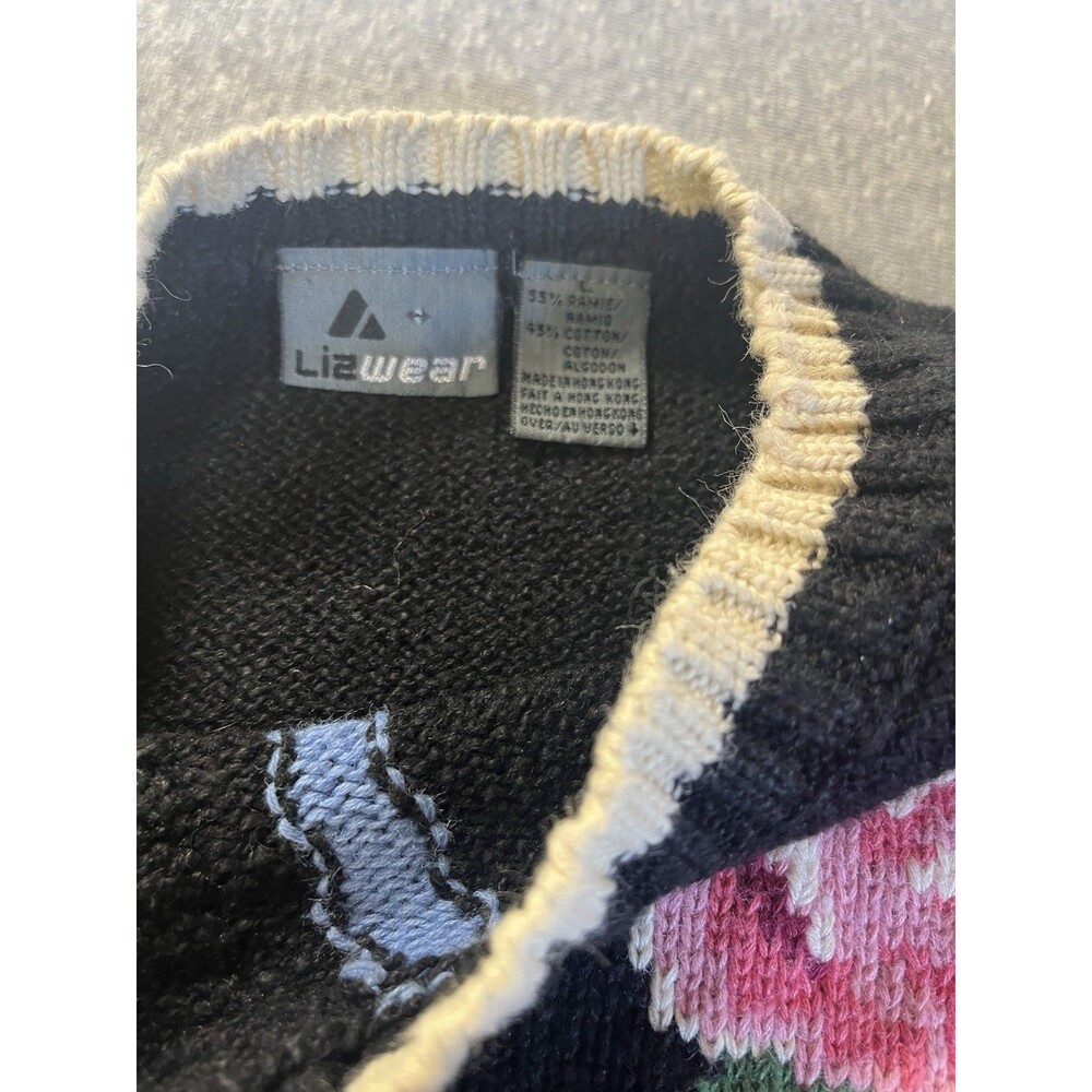 VTG 80’s 90’s Lizwear Liz Claiborne Sweater Embroidered Roses Women’s  Lg Black - Picture 6 of 13